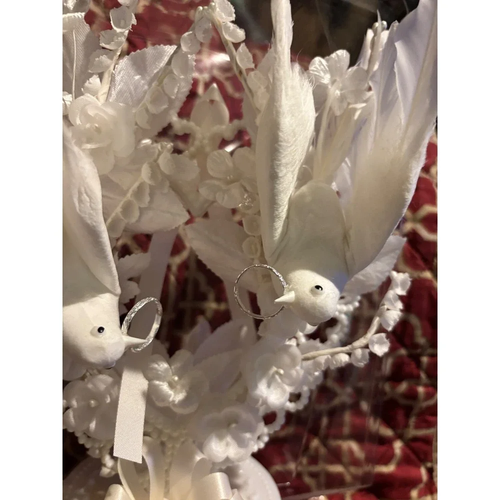 Vintage Parrish & Hennessey Wedding Cake Topper White Doves Heart Pearls 11in